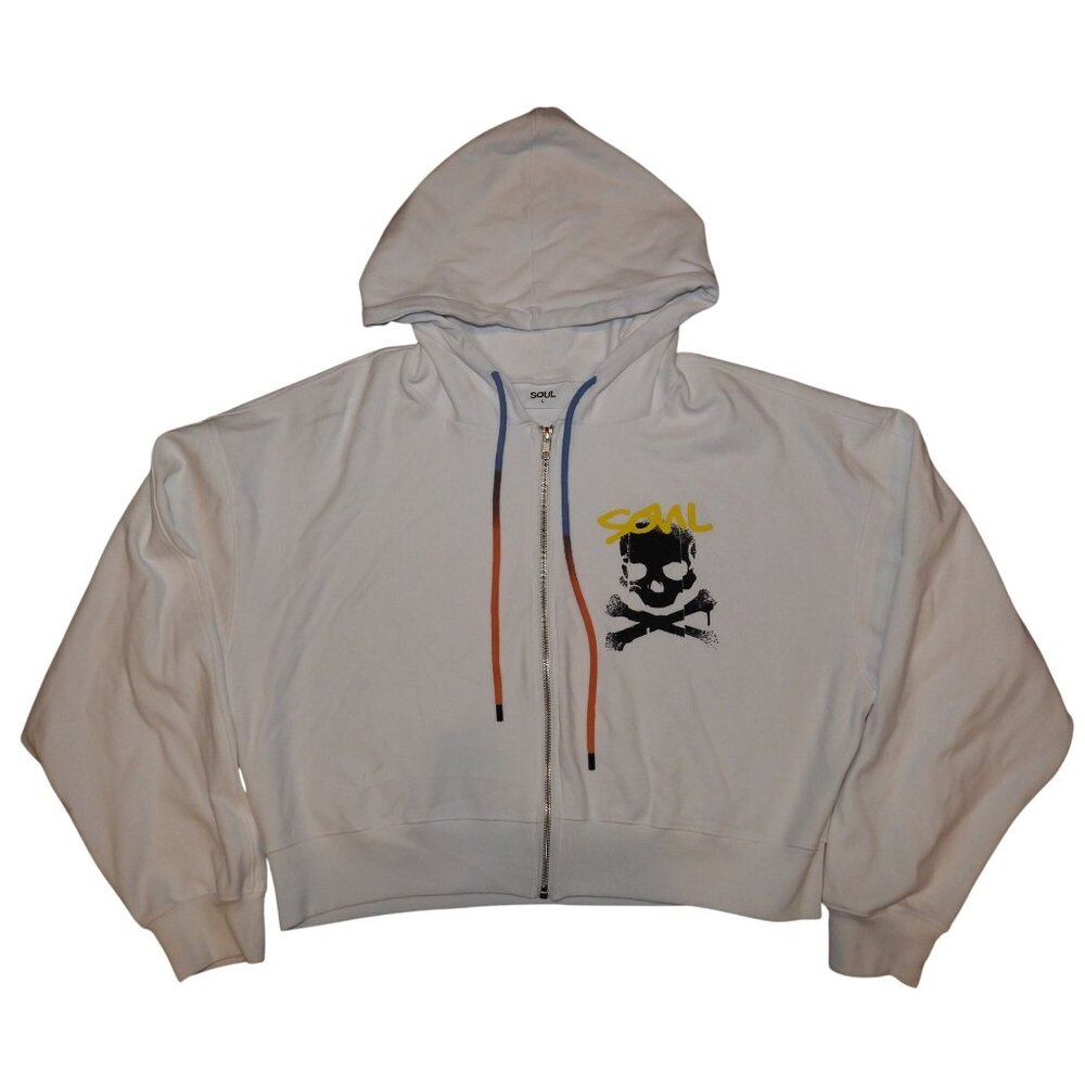 Soul Cycle Crop Hoodie Sweatshirt Full Zip Women's Size Large White Skull